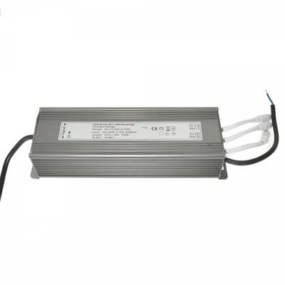 Controlador LED rectangular plateado, tres conectores de cable blancos, etiqueta técnica; componente de iluminación.
