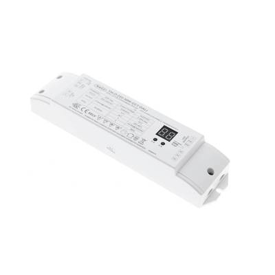 Controlador LED blanco con especificaciones impresas y pantalla digital para un mejor control de las soluciones de iluminación energéticamente eficientes.