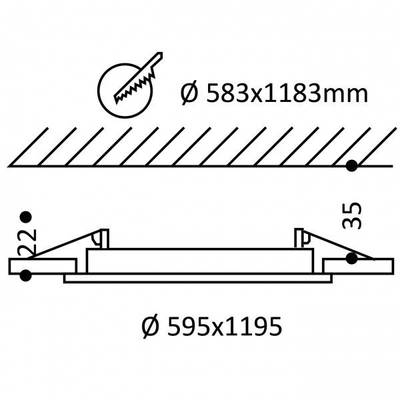 Diagrama de las dimensiones de un objeto redondo: parte superior 583x1183mm (símbolo de sierra), parte inferior 595x1195mm, espesor 22mm - 35mm.