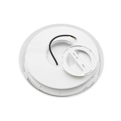 Alttext: Vista superior de un detector de humo circular blanco con cables desnudos y soporte de montaje sobre fondo blanco, ideal para iluminación LED.