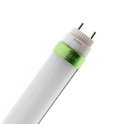 Primer plano de luminaria LED tubular de bajo consumo, carcasa blanca, anillo verde, conectores de clavija metálicos, luminotecnia