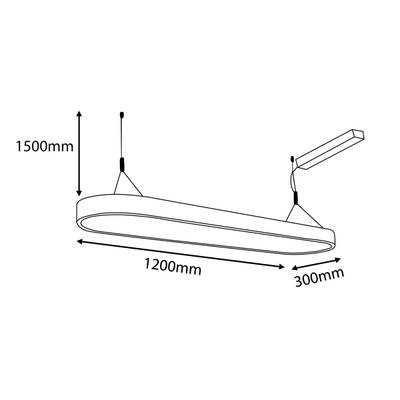 Esquema de una luminaria LED colgante ovalada con unas dimensiones de 1500 mm de alto, 1200 mm de largo y 300 mm de ancho.