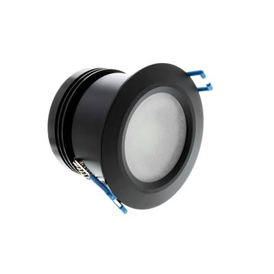 Luminaria LED empotrable cilíndrica negra con lente esmerilada y conectores de cable azules para soluciones de iluminación modernas.