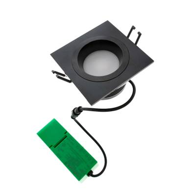 Luminaria LED rectangular empotrada, cuerpo negro, cableado fijo, módulo electrónico verde: una solución de iluminación moderna y energéticamente eficiente.
