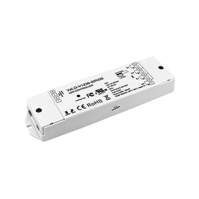 Controlador LED rectangular con carcasa blanca, etiquetas técnicas, símbolos y puertos de conexión para facilitar la instalación y la integración.