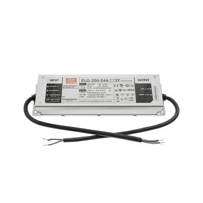 Fuente de alimentación rectangular de pozo medio ELG-200-24A con cables de entrada/salida, mostrando detalles en una etiqueta para necesidades de iluminación LED.