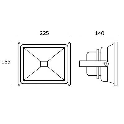 Esquema de un foco LED rectangular con dimensiones: altura 185 mm, anchura 225 mm, profundidad 140 mm; incluye vistas frontal y lateral como referencia.