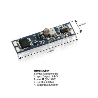 Placa de circuito LED estrecha (49x10mm) con información técnica de iluminación visible debajo.