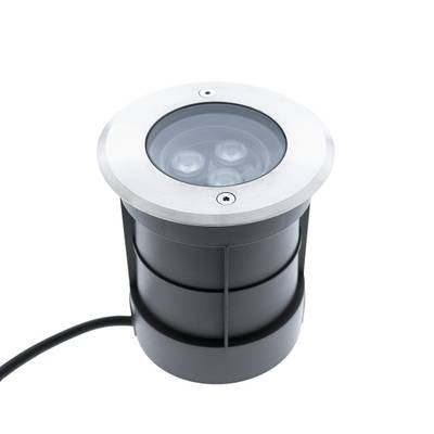 Luz LED redonda conectada a tierra con marco plateado, carcasa negra y cable de alimentación, ideal para caminos de jardín e iluminación exterior.