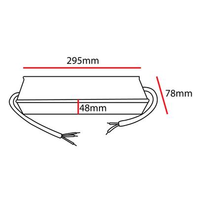 Dibujo lineal de una fuente de alimentación LED rectangular, 295x78x48mm, con dos cables de extensión. Ideal para sistemas de iluminación LED eficientes.