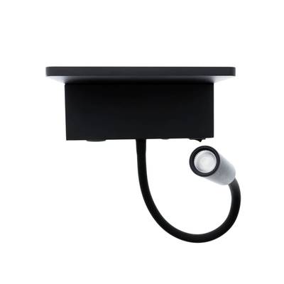 Lámpara de lectura LED negra flexible con soporte cilíndrico sobre una base rectangular, perfecta para una iluminación focalizada y una decoración moderna y elegante del hogar.