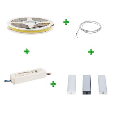 Tira de LED, cable de conexión, fuente de alimentación y 3 difusores de aluminio con signo más verde. Tienda de iluminación LED.