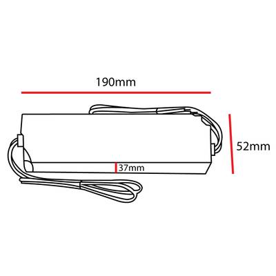 Dibujo lineal de un controlador LED rectangular, dimensiones marcadas: longitud 190 mm, anchura 37 mm, altura 52 mm. El cable sale de un extremo.