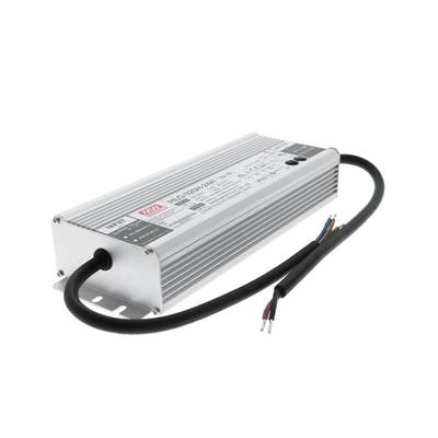 Fuente de alimentación LED rectangular de color plateado con la marca "Mean Well HLG-320H-24B" y cable negro para soluciones de iluminación LED.