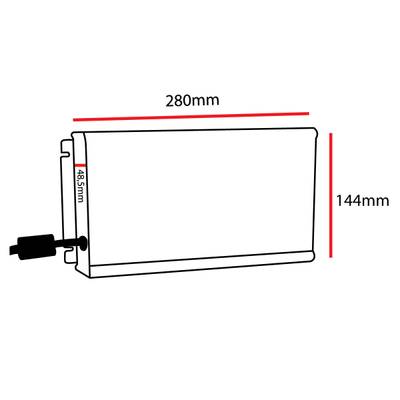Diagrama que muestra las dimensiones de un dispositivo electrónico rectangular: 280 mm de anchura, 144 mm de altura y 48,5 mm de profundidad; equipado con un cable de corriente lateral, ideal para aplicaciones de iluminación LED.