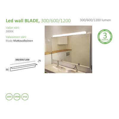 Cuarto de baño con espejo grande, aplique LED en la parte superior, lavabo con grifería cromada; detalles del producto mostrados a la izquierda. Iluminación LED perfecta para su espacio.
