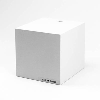 Cubo blanco de luz LED con luminaria redonda, etiquetado "LED 3W 3000K", perfecto para soluciones de iluminación modernas. Ideal para una iluminación energéticamente eficiente.