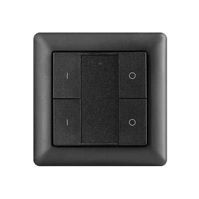Texto alternativo: 'Interruptor luminoso negro con cuatro botones sobre fondo blanco, ideal para controlar la iluminación LED