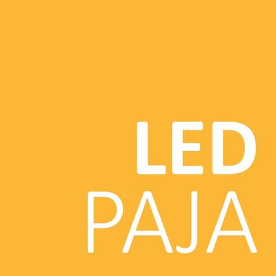 Fondo amarillo con texto en negrita "LED PAJA" en dos líneas para anunciar productos de iluminación LED energéticamente eficientes.