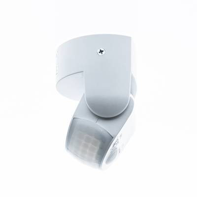 Sensor de movimiento blanco montado en pared con un diseño elegante y circular, ideal para soluciones de iluminación LED inteligentes y eficiencia energética.