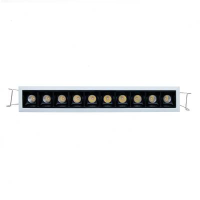 Luminaria LED rectangular con 10 luces redondas en fila, decoración en negro y plata, ideal para soluciones de iluminación contemporáneas.