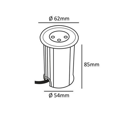 Esquema de una luminaria LED cilíndrica con dimensiones: altura 85 mm, diámetro superior 62 mm, diámetro inferior 54 mm y cable conectado.