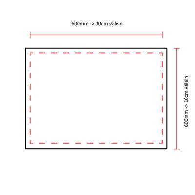 Diagrama rectangular que muestra los intervalos de medida de 600 mm a 10 cm de anchura y altura con líneas de puntos para las dimensiones de la iluminación LED.