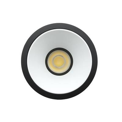 Luminaria LED redonda con borde negro, cono blanco y bombilla - iluminación energéticamente eficiente ideal para espacios modernos.
