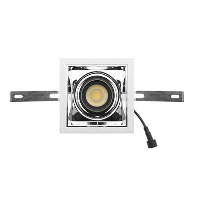 Plafón rectangular empotrable con bombilla LED redonda, acabado metálico, conector de cable negro - ideal para interiores modernos y soluciones de iluminación energéticamente eficientes.