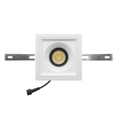 Luminaria LED cuadrada empotrada con cuerpo blanco, soportes ajustables, bombilla redonda y cable de alimentación negro para soluciones de iluminación modernas.