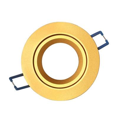 Downlight LED empotrable redondo de color dorado con clips de montaje azules, parte superior con fondo blanco.