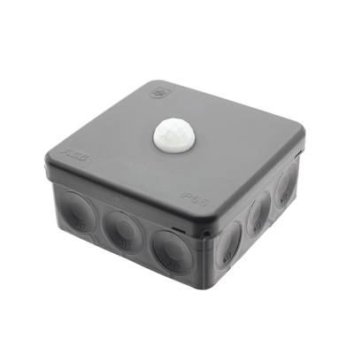 Producto de iluminación LED para puntos de venta: una caja de plástico negro con un botón blanco en la parte superior, realzada con elegantes motivos laterales redondeados.
