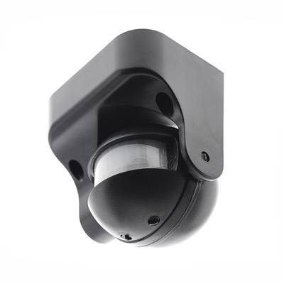 Cámara de vigilancia para exteriores con lente en forma de cúpula y sensor de movimiento en color negro, montada en un soporte de pared para mejorar la vigilancia y la seguridad.