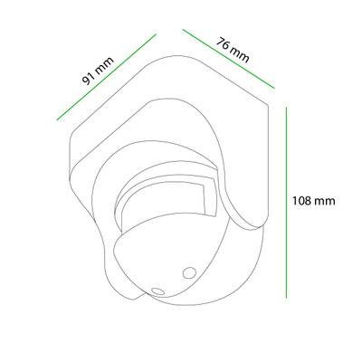 Dibujo lineal de una cámara de vigilancia, dimensiones 91x76x108 mm, marcada en verde, ideal para la optimización SEO de una tienda de iluminación LED.