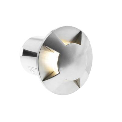 Luz LED empotrada de metal plateado con una cubierta redonda en forma de cruz que emite un cálido resplandor. Perfecta para soluciones de iluminación elegantes y energéticamente eficientes.