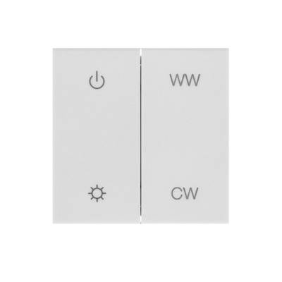 Panel de interruptores de luz blanca de dos piezas: interruptores de alimentación y luz a la izquierda, "WW" (blanco cálido) y "CW" (blanco frío) para el control de los LED a la derecha.