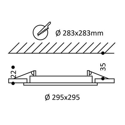 Dibujo técnico de un recorte circular (283x283mm) y una placa de cubierta LED cuadrada (295x295mm, espesor 35mm) con instrucciones detalladas de instalación para iluminación.