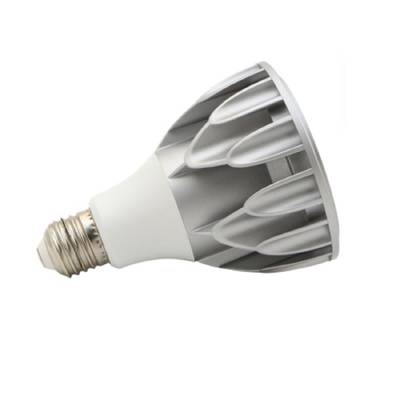 Lámpara LED metálica con base en espiral, estructura estriada para disipar el calor, base blanca: una opción de iluminación energéticamente eficiente.