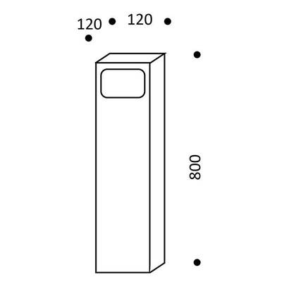 Esquema de una columna rectangular alta con dimensiones: arriba 120x120, altura 800, tamaño de demostración para optimizar el movimiento de la iluminación LED.