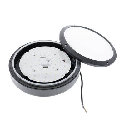 Plafón LED redondo con carcasa negra abierta, cableado visible y placa de circuito con varias bombillas LED pequeñas en un diseño moderno.