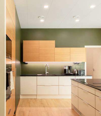 Cocina moderna con paredes verdes, armarios de madera clara, encimeras; horno empotrado e isla a juego, iluminada con elegante iluminación LED.