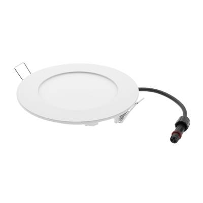 Plafón LED blanco, redondo y delgado, con cable de alimentación negro y muelles laterales.