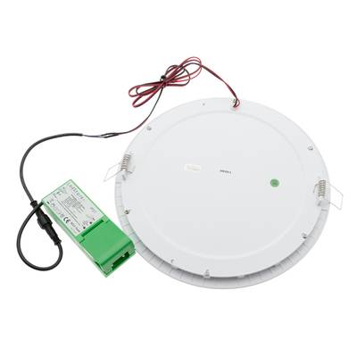 Luminaria LED redonda de panel con fuente de alimentación sobre una base blanca, ideal para soluciones de iluminación energéticamente eficientes.