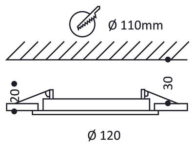 Dibujo dimensional de una luminaria de panel circular de 120 mm de diámetro con una abertura de montaje de 110 mm. Requiere una profundidad de montaje de sólo 30 mm.