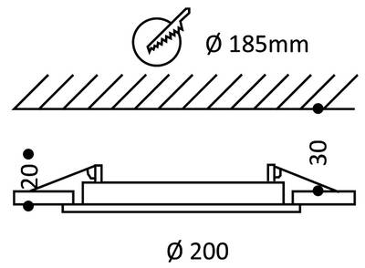 Dibujo técnico de hoja de sierra circular de 185 mm con base de 200 mm, mostrando dimensiones de 20 mm y 30 mm, movimiento de iluminación LED SEO.