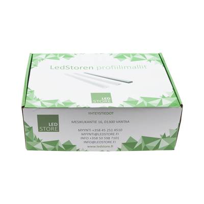 Caja de iluminación LED verde y blanca para tiendas con diseño geométrico, soluciones de iluminación LED y datos de contacto.
