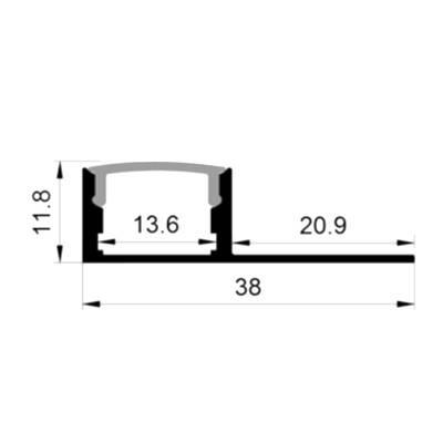 Sección transversal del perfil metálico para iluminación LED: altura 11,8, anchura 38; las posiciones 13,6 y 20,9 se ilustran para mayor precisión de diseño y durabilidad.