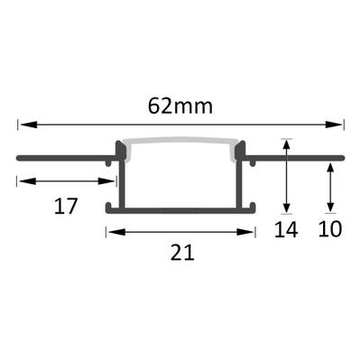 Esquema técnico de la luz LED: Anchura 62mm, Altura 17mm. Las piezas son visibles a 21mm, 14mm y 10mm de altura para mayor precisión.