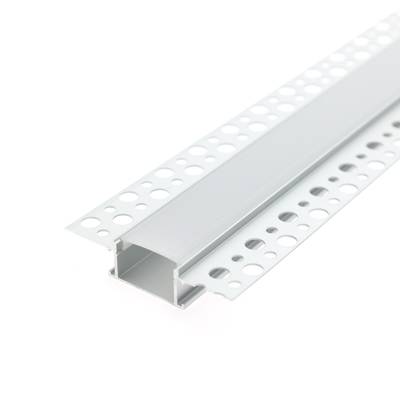 Perfil angular de aluminio para cartón-yeso, con bridas perforadas, base blanca - ideal para instalaciones de iluminación LED sin juntas.