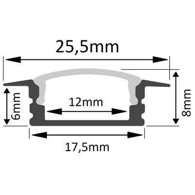 Sección transversal LED perfil de aluminio, dimensiones: altura izquierda 6mm, derecha 8mm.